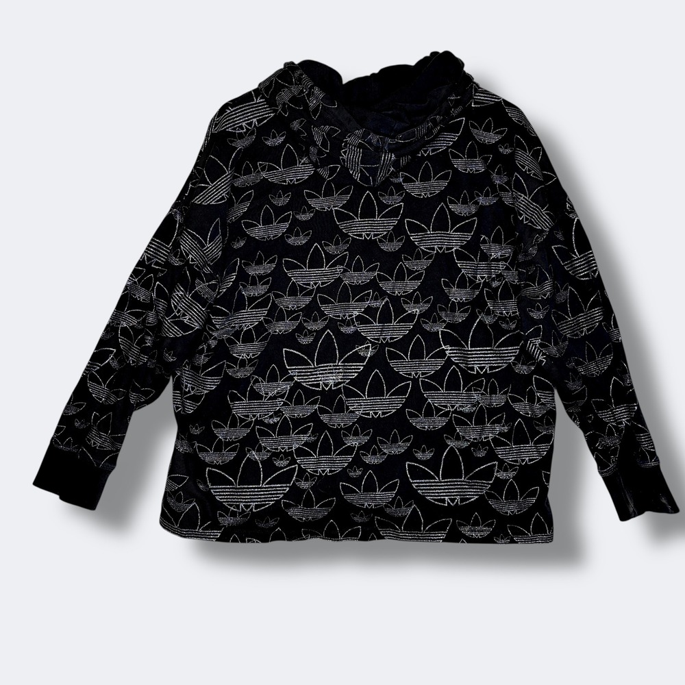Adidas Womens Trefoil Monogram Glitter Hoodie L Black Neon Yellow Streetwear - Picture 4 of 8